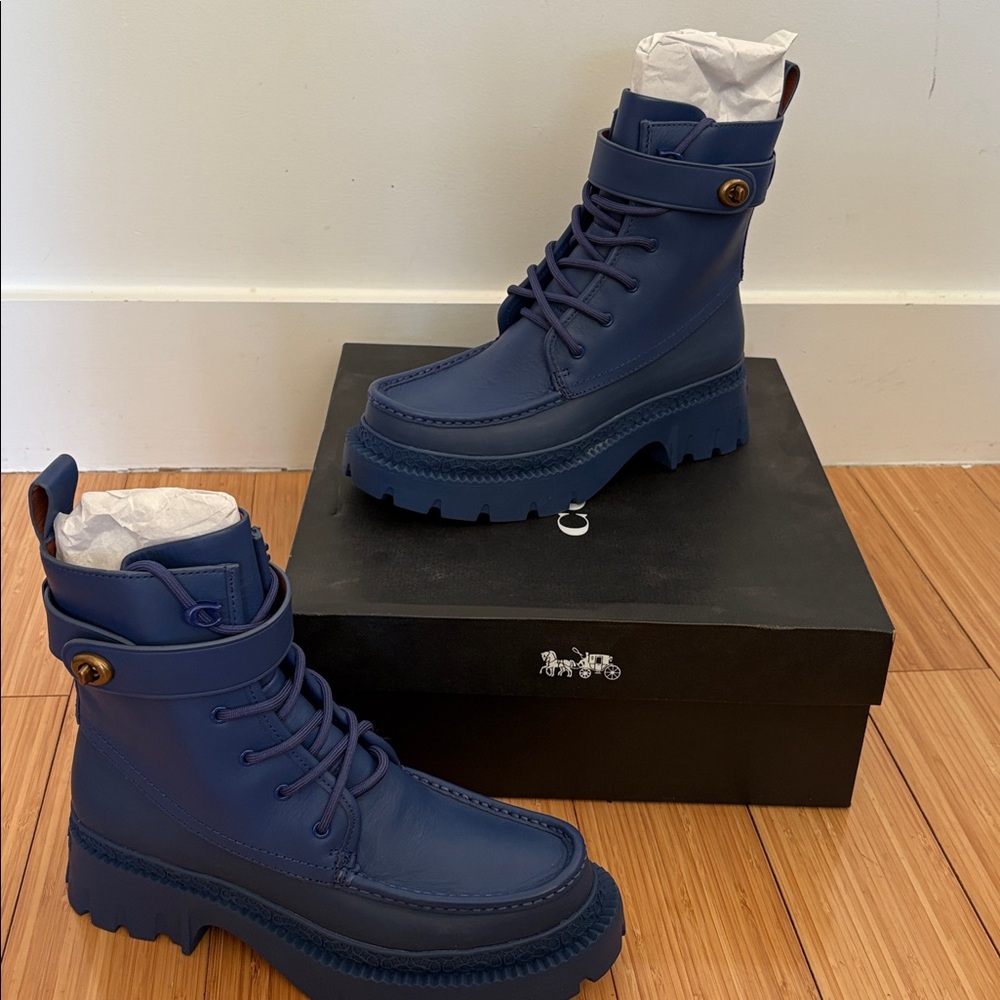Coach Navy Blue Lug-Sole Leather Lace Up Combat Boots